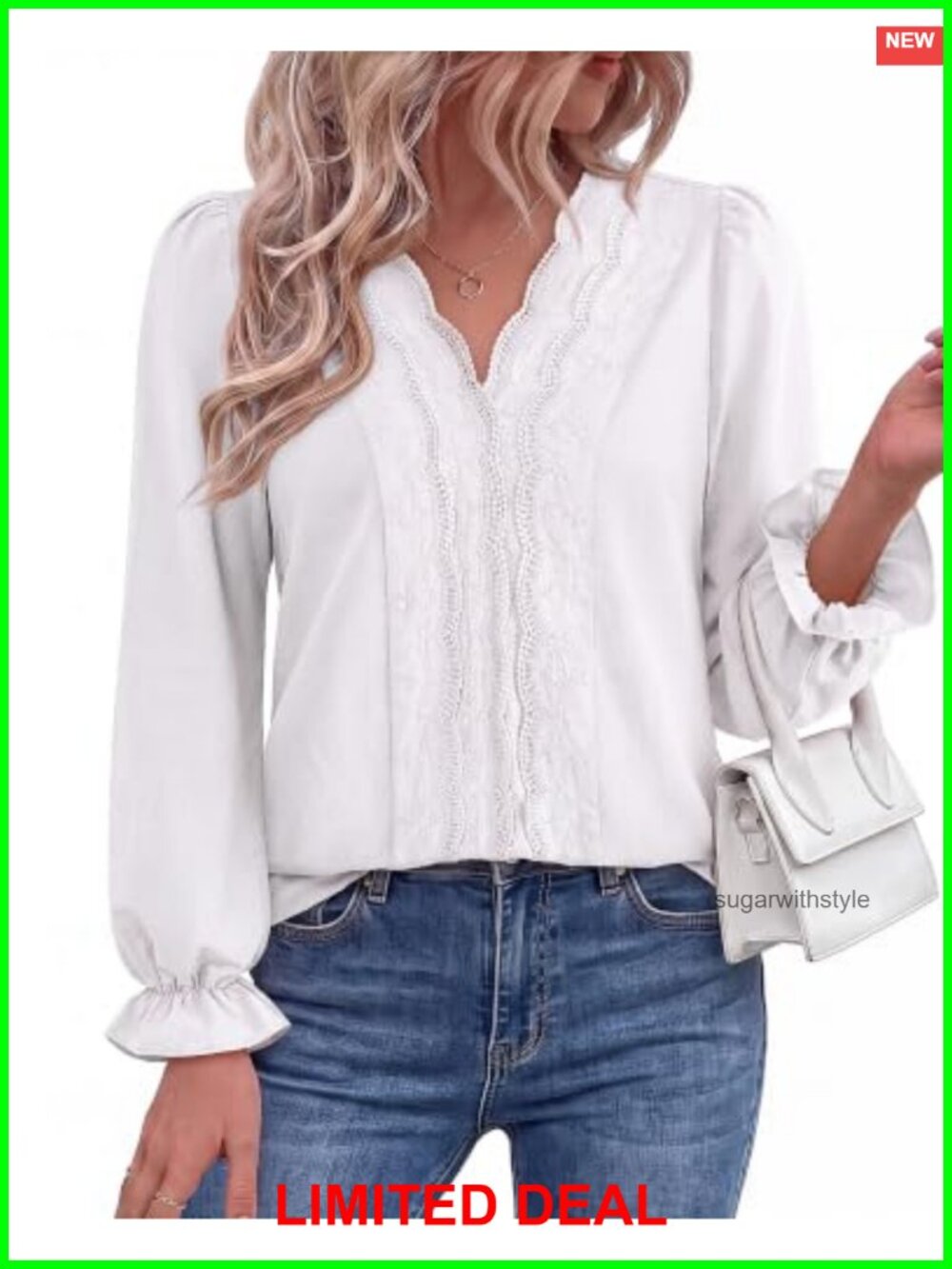 Womens Lace V Neck Ruffle Long Sleeve Blouse Business Casual Work Shirt